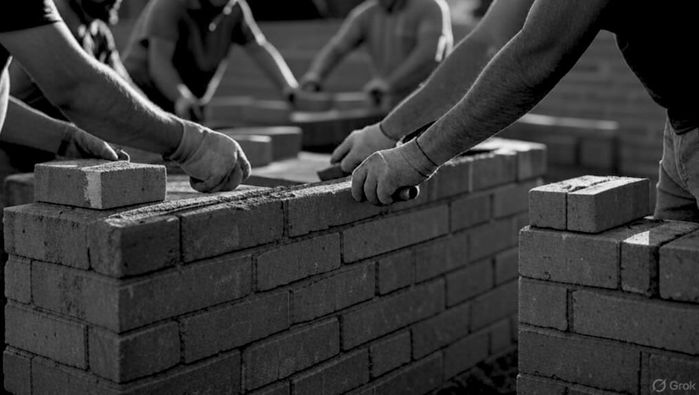 Team building a brick wall